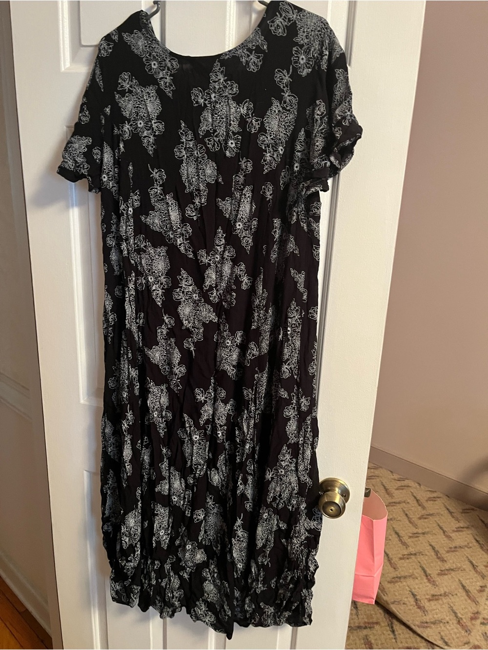 Roaman's Black Maxi Dress with White Floral Print Accents
